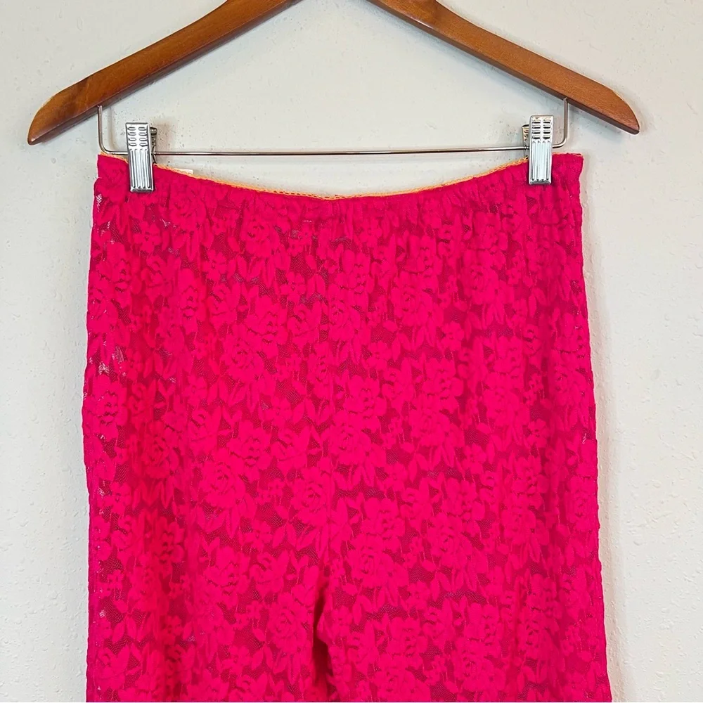 Free People All Day Lace Women’s Fuchsia Sheer Flare Coquette Pants Sz L NEW